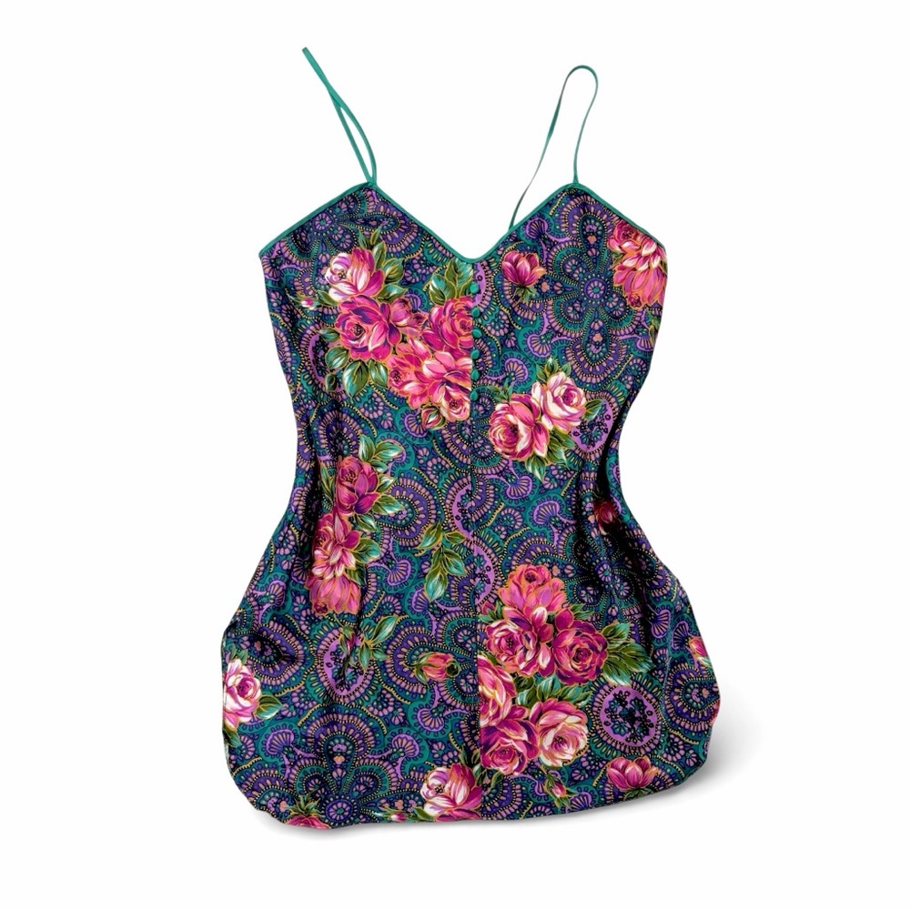Vintage California Dynasty Satin Slip Mini Dress Floral Paisley 90s Y2K Small